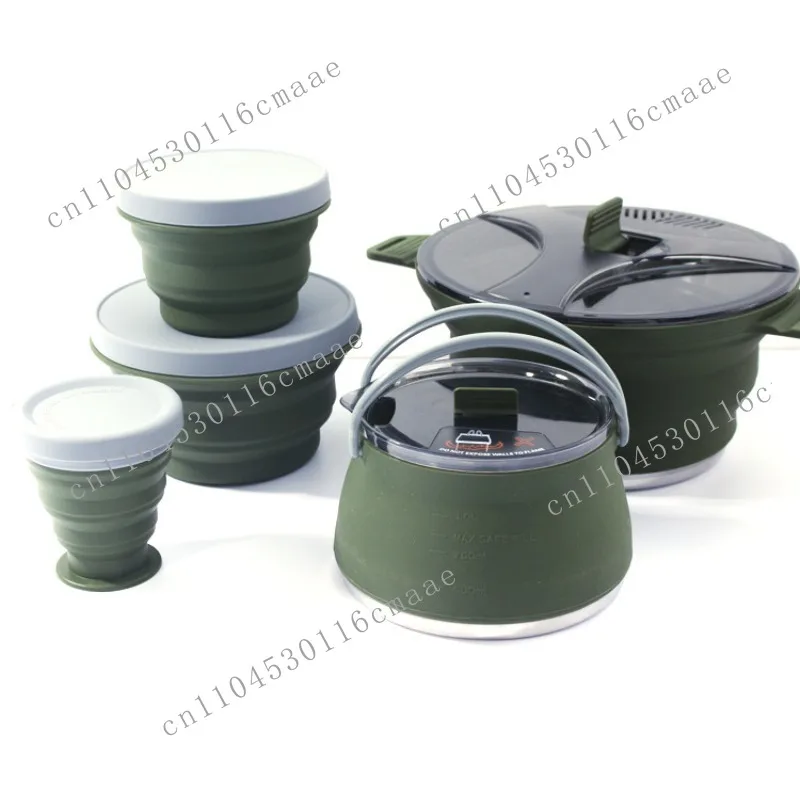 Outdoor Camping Cookware Set, Folding Kettle Cooking Pot Camping Portable Tableware, Silicone
