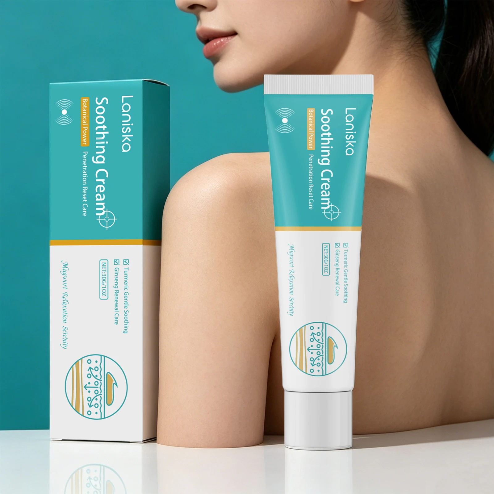 Soothing Cream 30g, Soothes Stiff Neck and Tired Shoulders Turmeric & Ginseng Mugwort Calming Cream Repair Massage Moisturizer