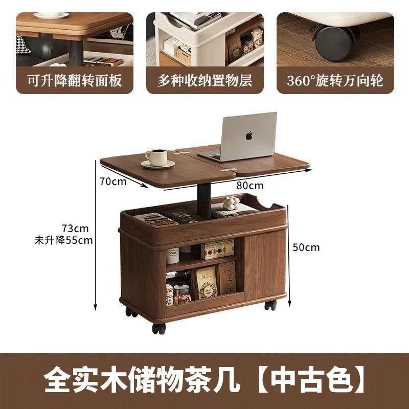 โต๊ะกาแฟไม้วอลนัททั้งชิ้นสไตล์ยุคกลาง โต๊ะกาแฟเคลื่อนที่สำหรับอพาร์ทเมนต์ขนาดเล็ก