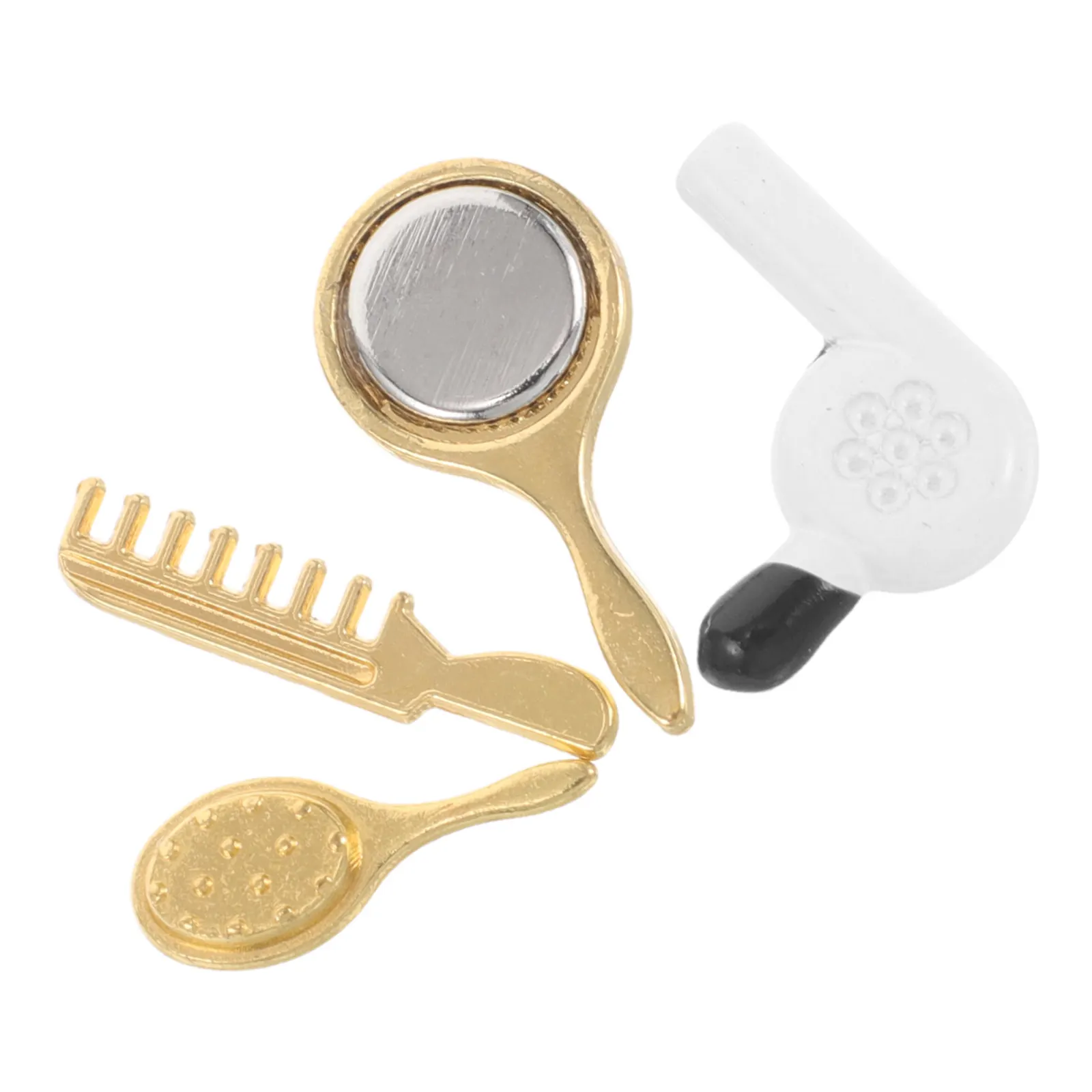 4Pcs Alloy Miniature Hair Styling Tools Set Realistic Hairbrush Mirror Hairdryer Accessories for Dollhouse Grooming Play