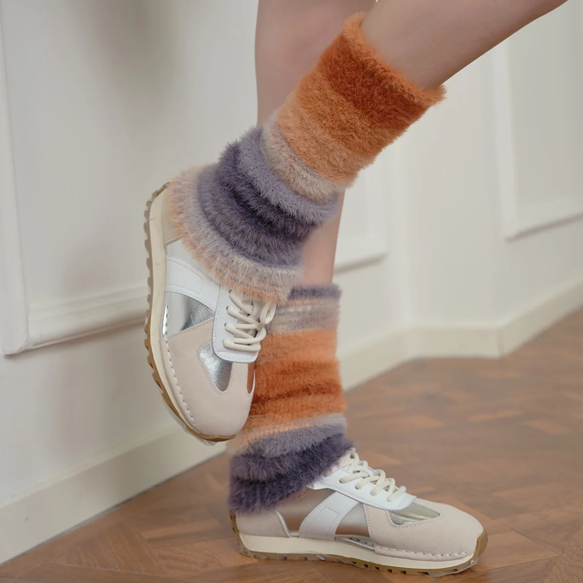 Faux Mink Gradient Knit Leg Warmers Women Spring Autumn Irregular Y2K Japanese Style Calf Sleeves【Multi Colors】