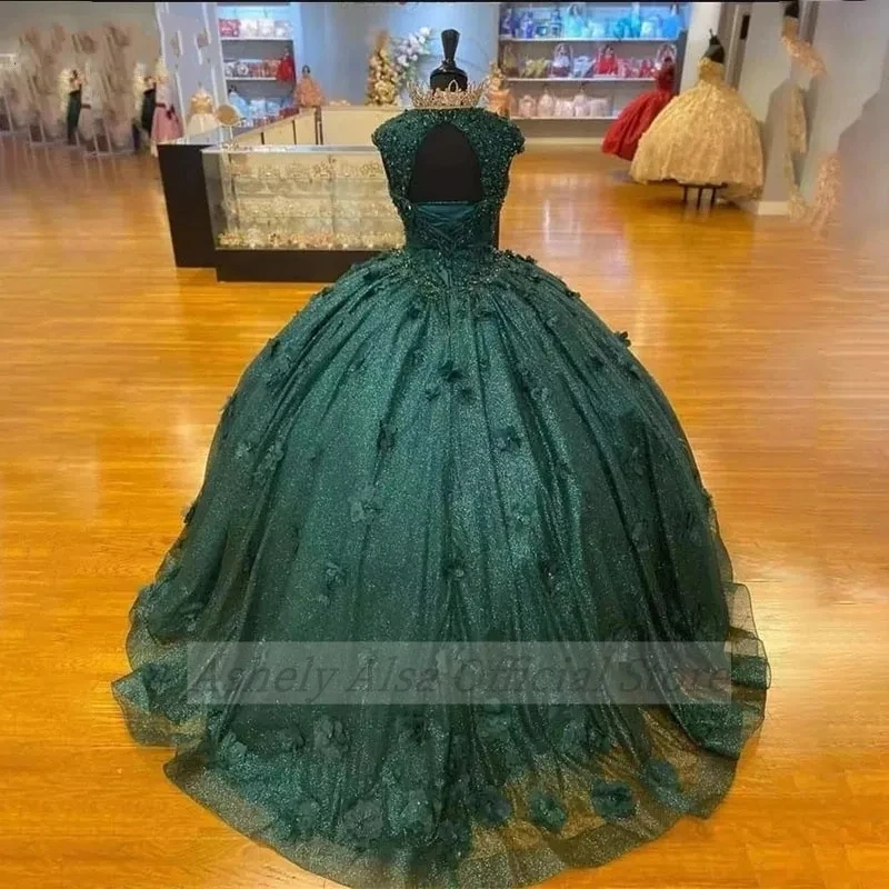 Customized Emerald Green Quinceanera Dresses V Neck Flower Beaded Puffy Skirt Vestido 15 16 Anos Birthday Party Prom Gown 2024