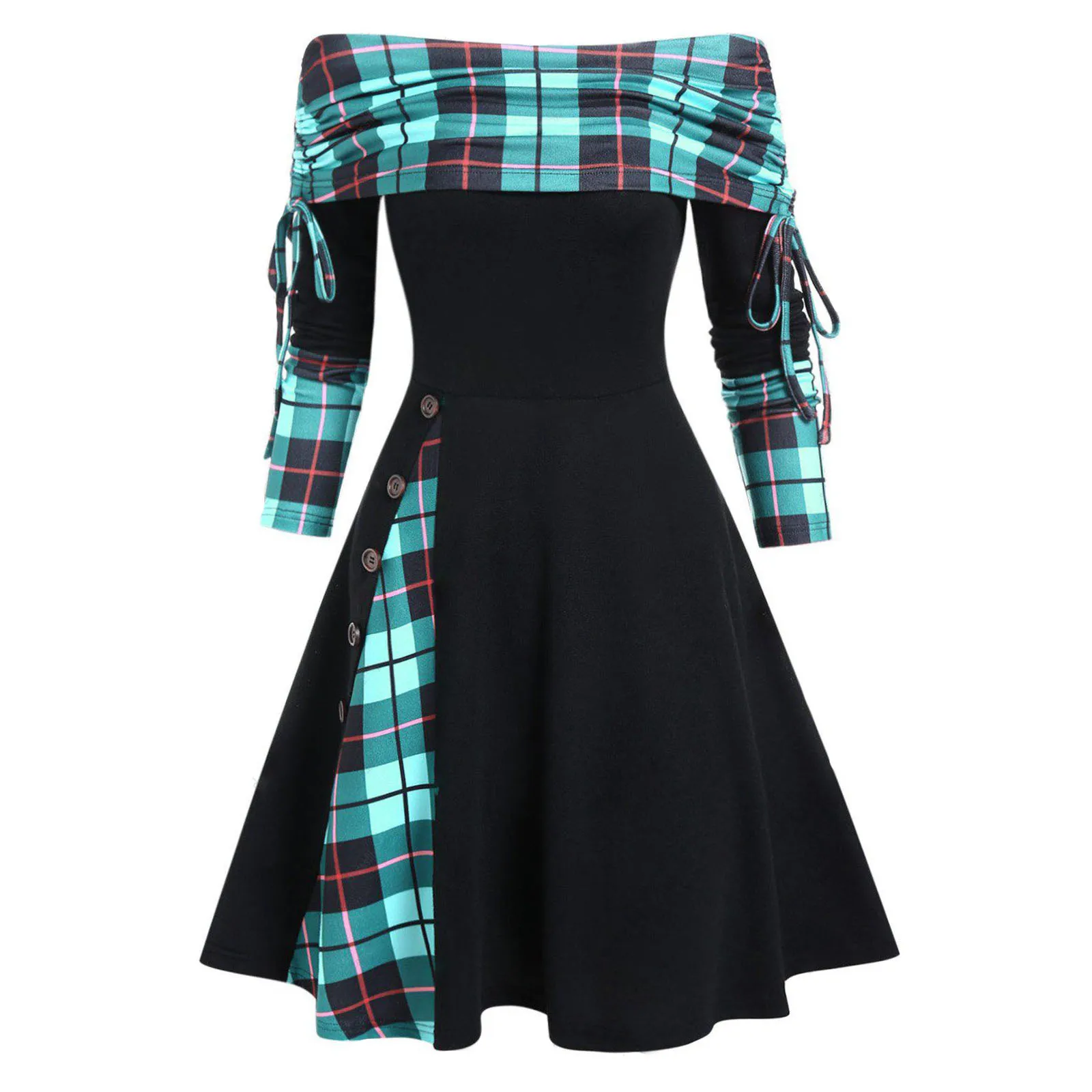 

Ladies' autumn and winter new long sleeved one shoulder solid color printed patchwork button dress