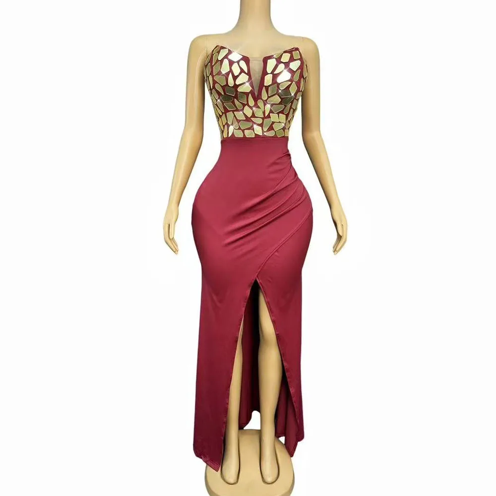 Sexy High-end Shiny Gold Mirrors High split Tube Dress Cocktail party Wedding Evening Gown Red carpet Show Elegant Stage Outfit