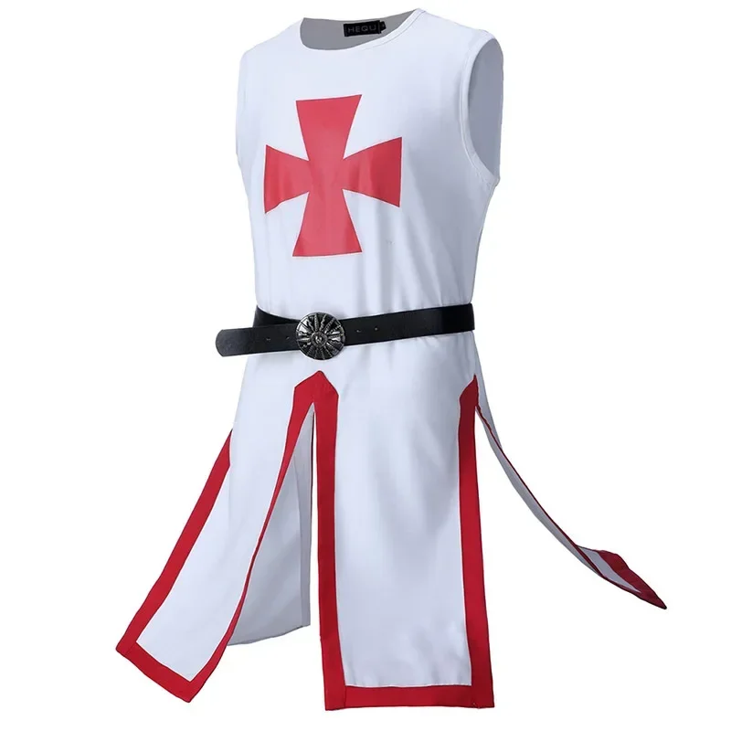 Medieval Knight Templar Crusader Cosplay Costume Men Vest Tunic Shirt Warriror Cavalier Armor Tabard Black Belted For Adult Mens