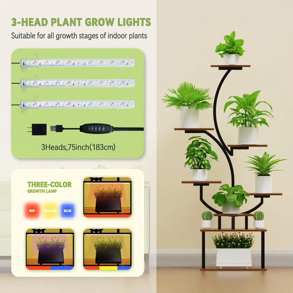 حامل نباتي من 8 طبقات مع أضواء للنمو، رف داخلي على شكل حرف S لديكور المنزل في غرفة المعيشة والفناء #3
