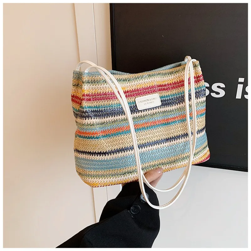 Rainbow Stripe Woven Straw 2024 New Fashion Trendy Commuting Foreign Style Large Capacity Feeling Tote Shoulder Armpit Bag