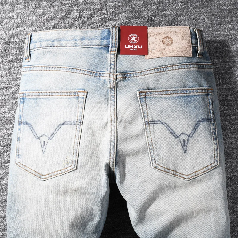 Street Designer Fashion Men Jeans High Quality Retro Light Blue Patched Ripped Jeans Men Stretch Slim Vintage Y2K Denim Pants