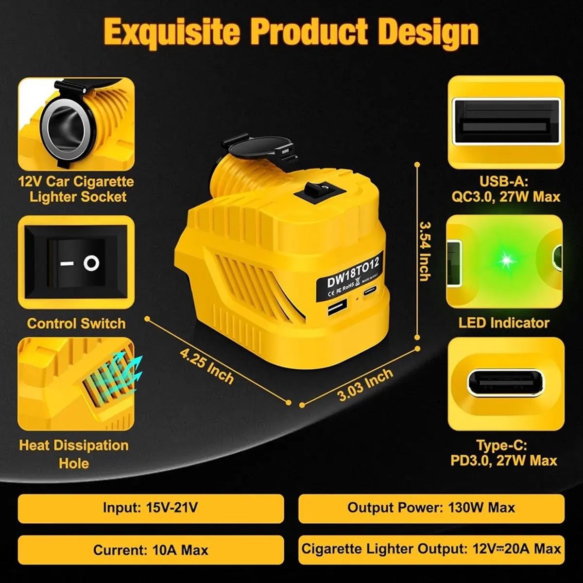 (A15I) For Dewalt 20V to 12V Step-Down Converter Power Battery Adapter Wheel, for Most 12 Volt in-Vehicle Devices