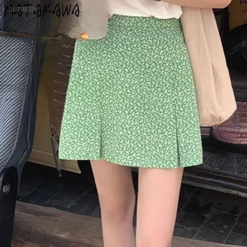 Print Floral Women Skirts A-line Spring Summer Sweet Korean Fashion Chic Faldas Mujer Elegant Simple Retro Mini Skirt