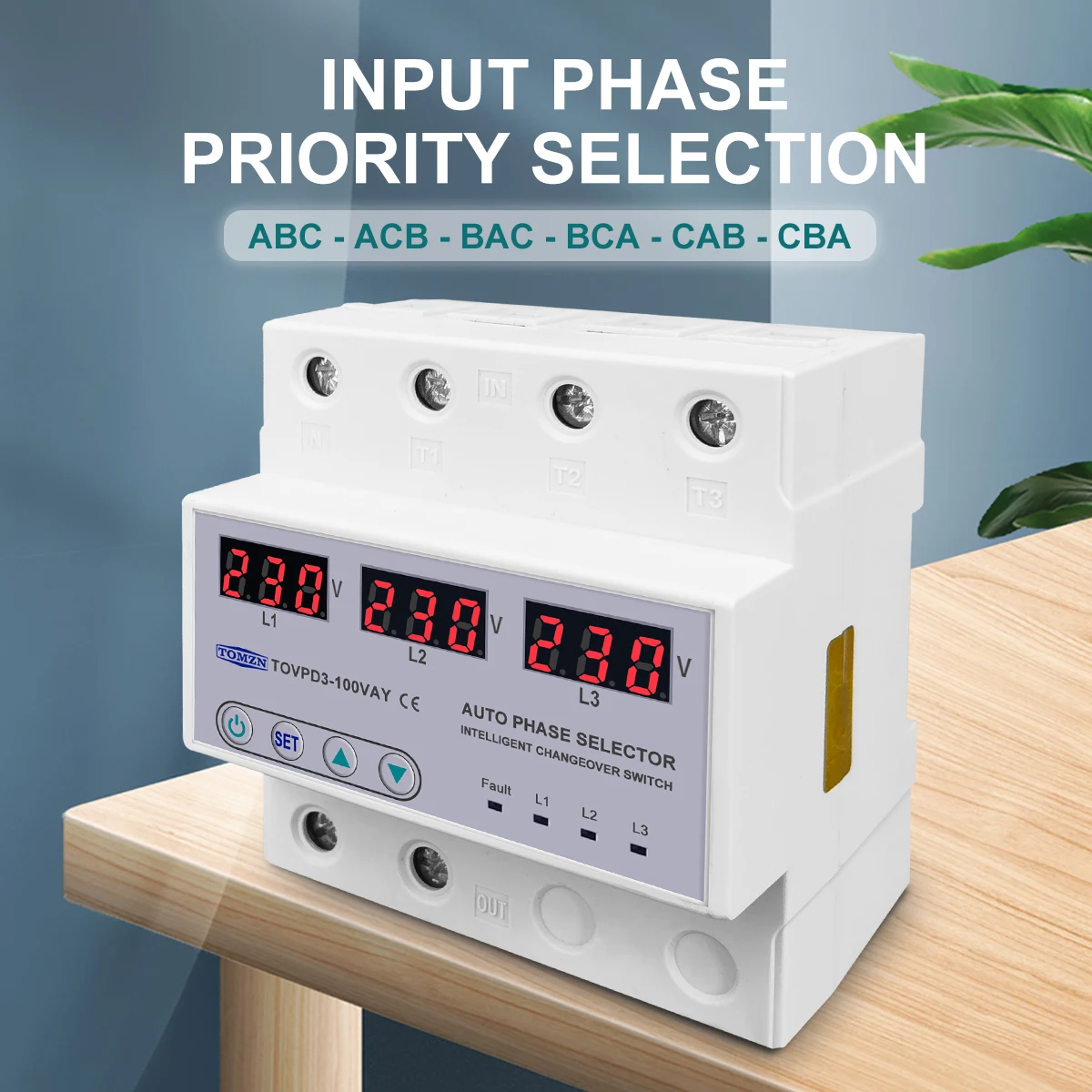 100A 3 phase 3P+N Din rail phase selector Voltmeter with adjustable Over and Under Voltage protection Monitor Relays Protector