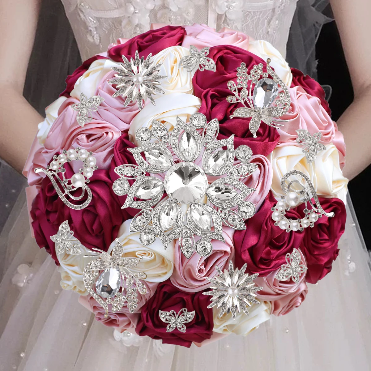 Simulação de champanhe vermelho escuro cetim rosa noiva damas de honra carregando flores luxo strass buquê de noiva casamento w828s