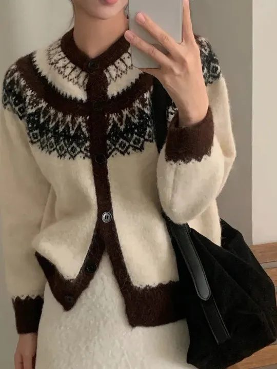 

Retro Korean Sle Fair Isle Artistic Long Sve Knitted Sweater round Ne Nordic Design Open Cardigan Women's Faion