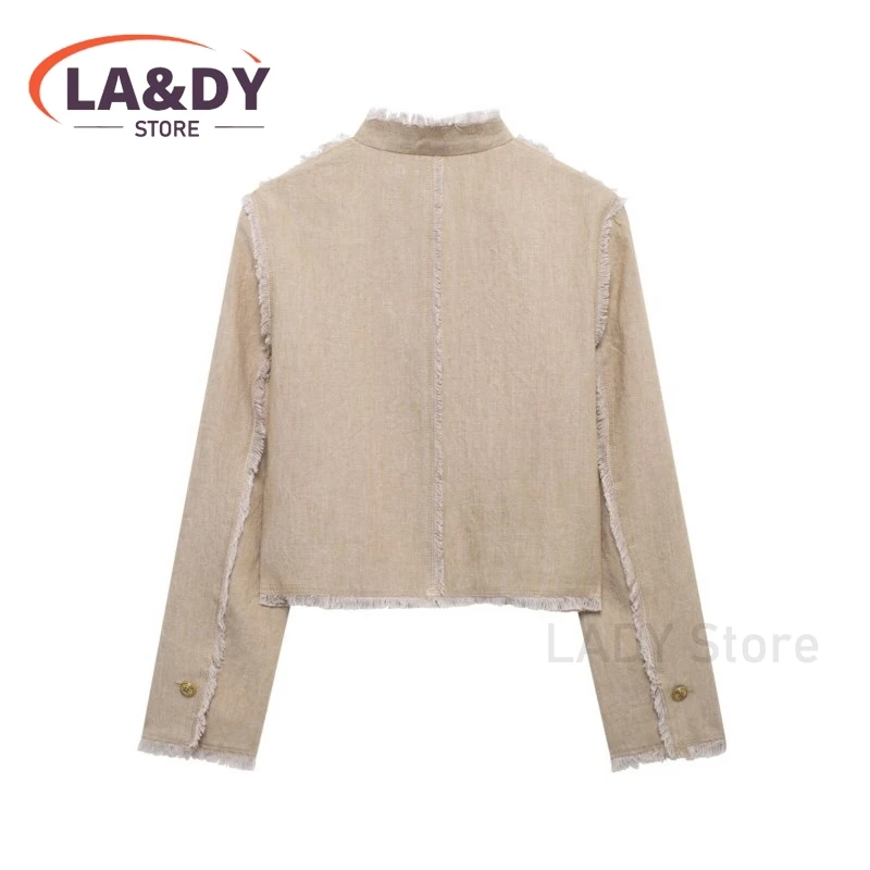 Jacket Coat Woman 2024 Fashion Stand Collar Single Breasted Linen Female Solid Color Casual Long Sleeves Pocket Tops Outerwears