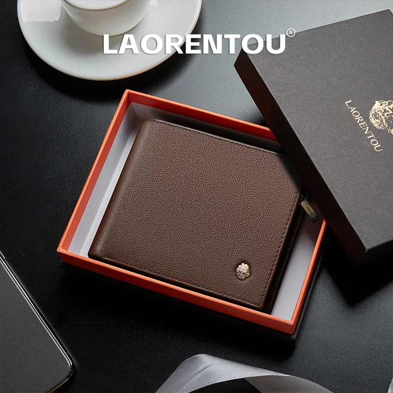 LAORENTOU Genuine Cow Leather Men’s Short Wallet Casual Business Male Card Holder Multifunction Purse Standard Money Bag For Men