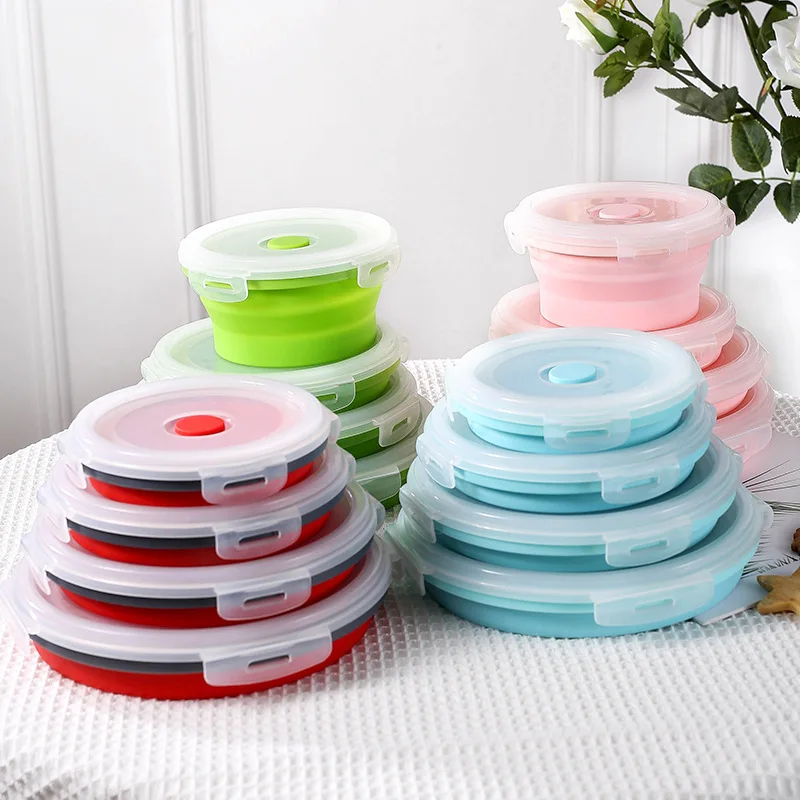 

4pcs Collapsible Lunch Box Silicone Food Storage Portable Expandable Bowls Travel Folding Food Containers with Lids