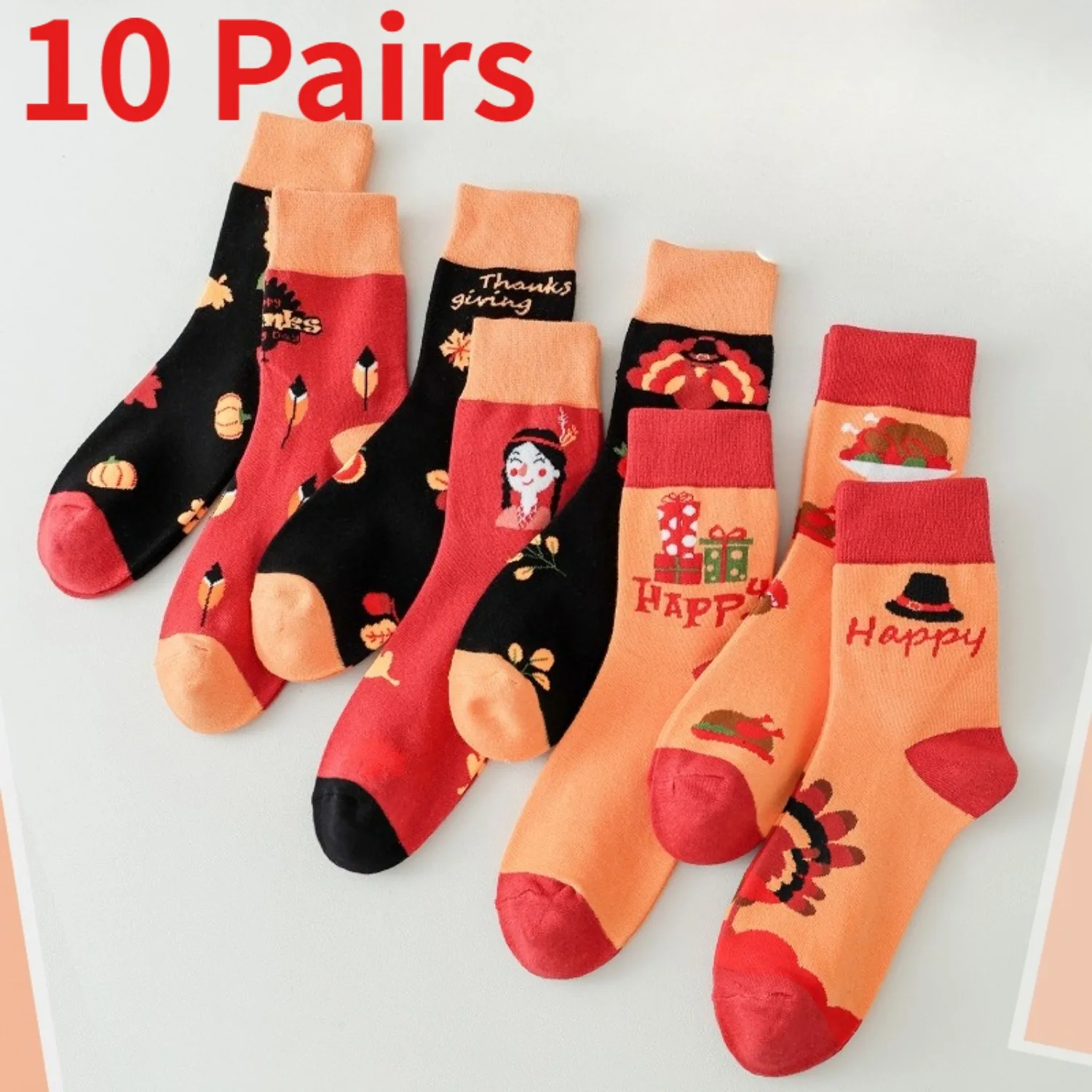 10 Pairs Thanksgiving Crew Socks for Men Women, Fall Winter Turkey Pumpkin Novelty Long Socks, Plus Size Holiday Gift