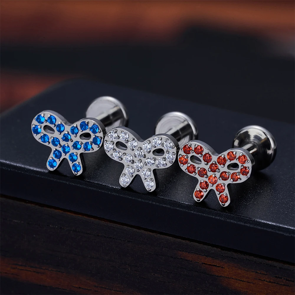 ASTM F136 Titanium EAR PIERC Bowknot with CZ Top Cartilage Tragus Earrings Ear Lip Helix Studs Tongue Labret Piercing Jewelry