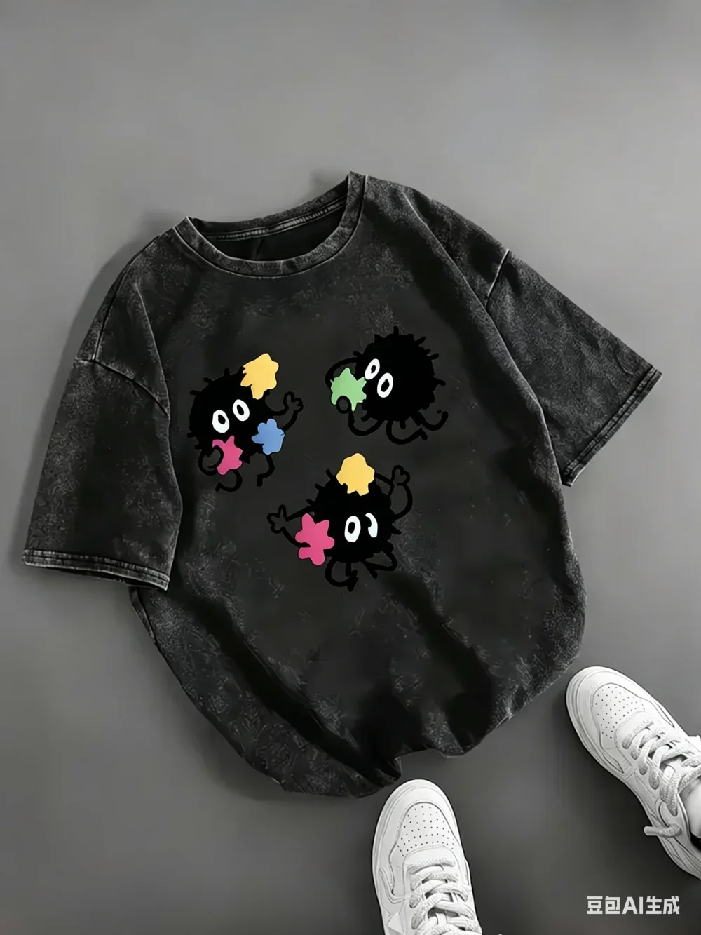Kawaii Soot Sprite Star Candy T-Shirt Washed Retro Aesthetic Graphic Tee Japanese Streetwear Top Cute Anime Character Apparel