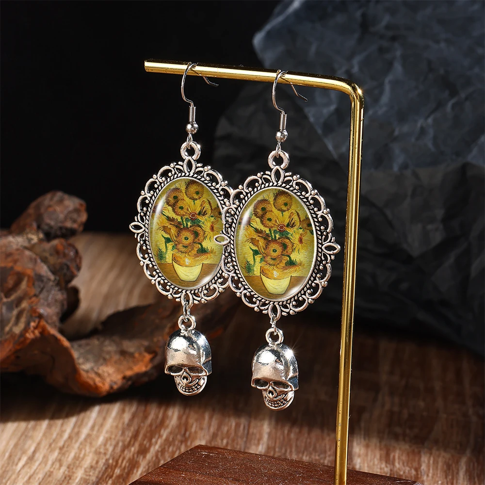2024 New Arrival Fashion Van Gogh Starry Night Sunflower Oil Paintings  Fish Hook Earrings Handmade Pumpkin Skeleton Dangles