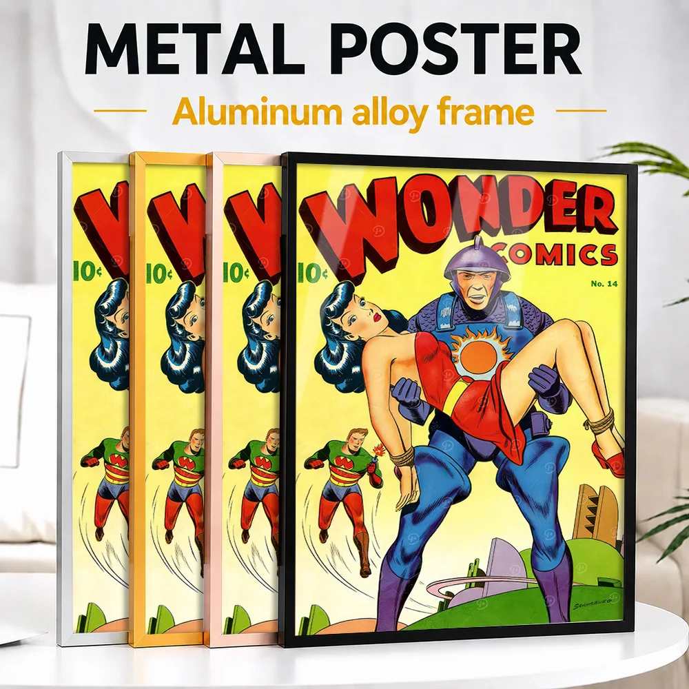 Wonder Comics Number 14 Framed Metal Print Customized Photo Retro Issue Style Wall Art For Reading Nook Premium Collector Gift