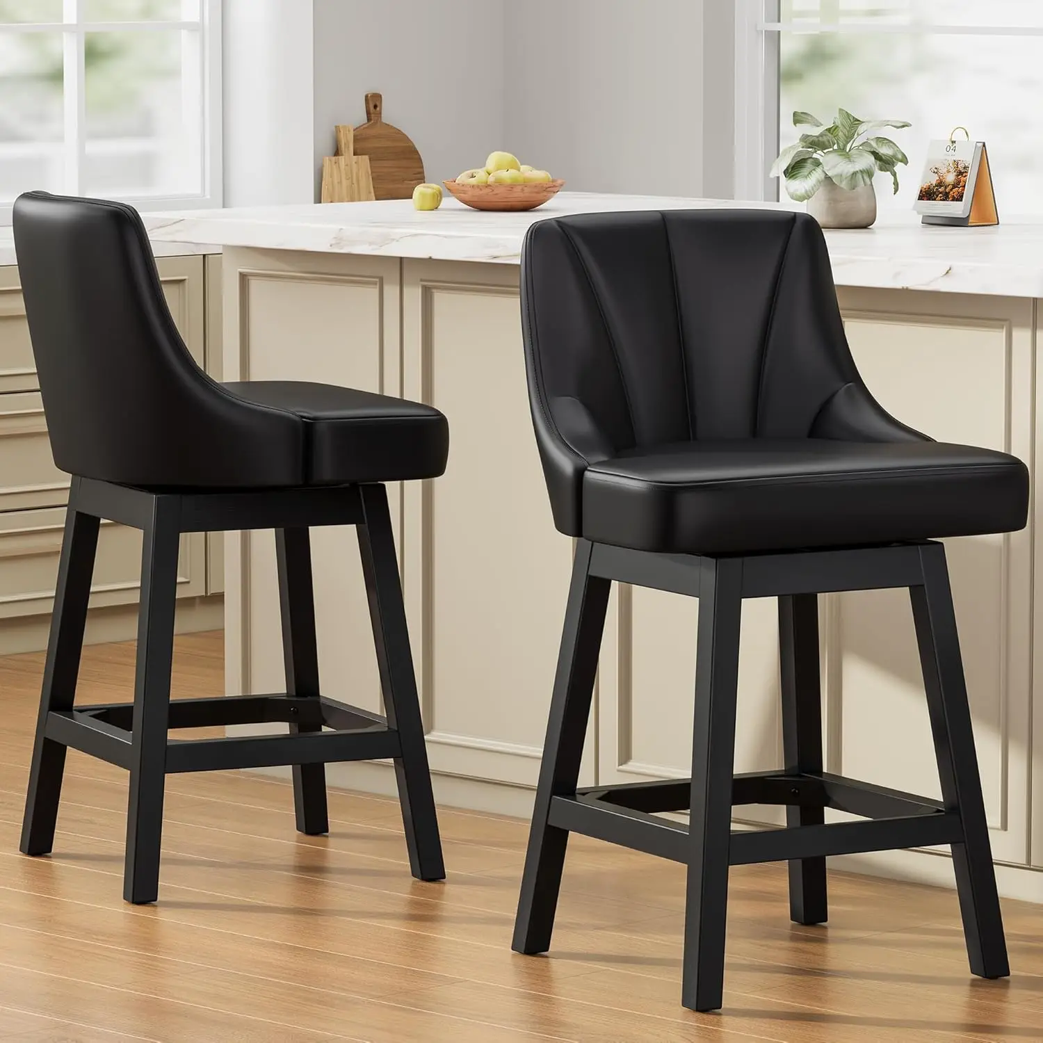 

Поворотные барные стулья со спинками, набор из 2 шт., высота стойки 26 футов, современная обивка из искусственной кожи с квадратными деревянными ножками, черный