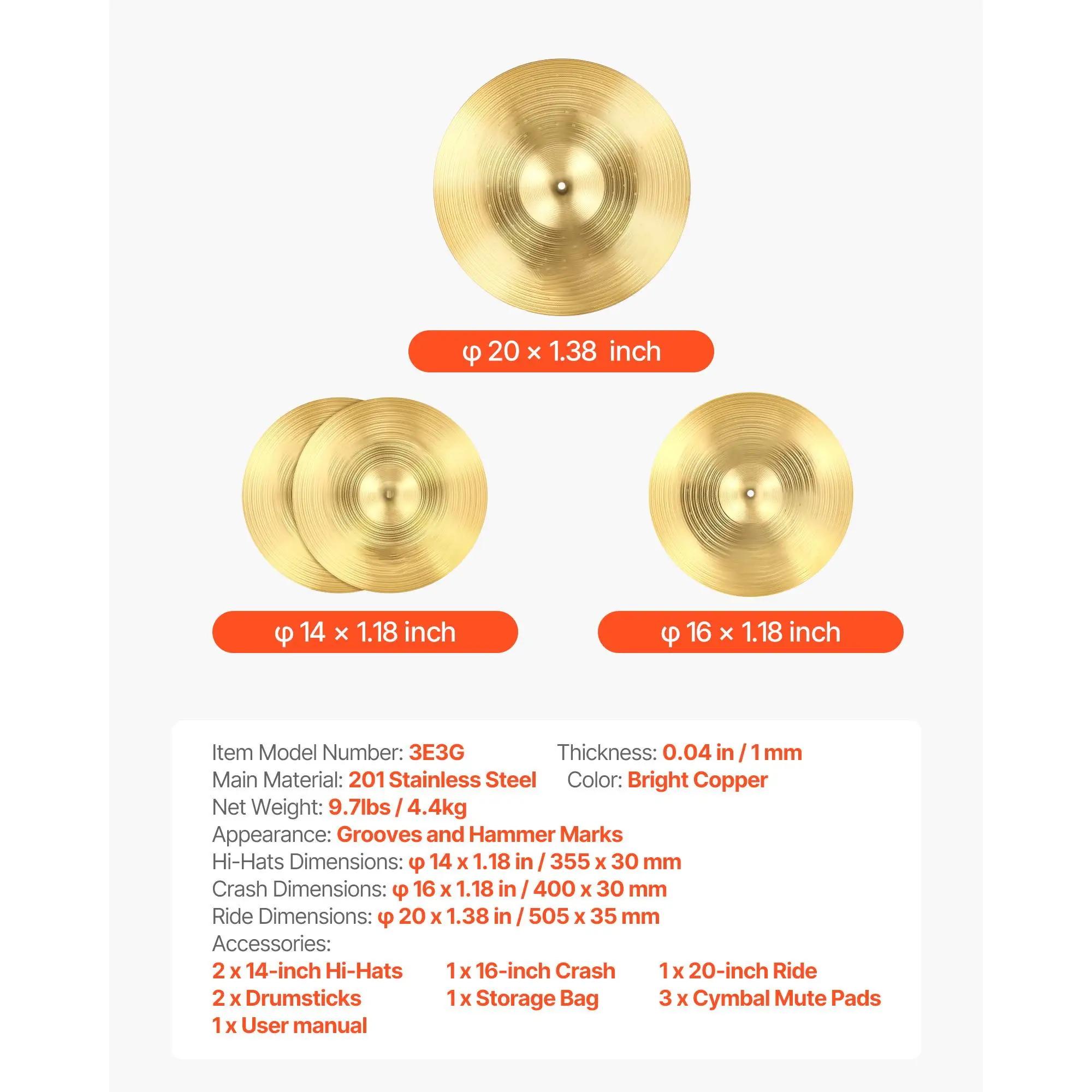 3 Piece Alloy Cymbal Pack for drum Set 14 Inch Hi Hats 16 Inch Crash 20 Inch Ride with Drumsticks and Cymbal Bag Bright Copper