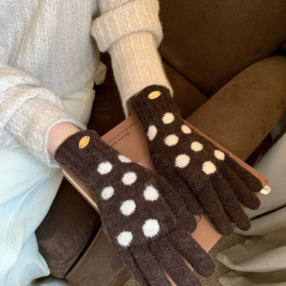 Polyester Polka Dot Touch Screen Gloves Warm Lining One Size Full Finger Gloves Stretchy Cold Proof Cycling Gloves Women Girls