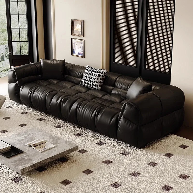 Lazy black leather sofa living room first layer cowhide modern simple style retro sofa