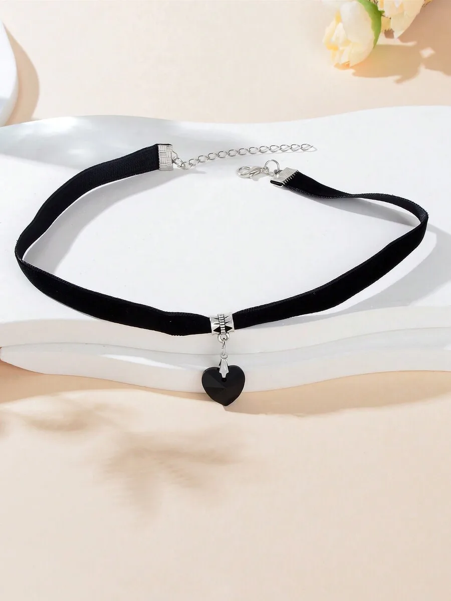 Black Velvet Choker Necklace With Heart Pendant - view 4