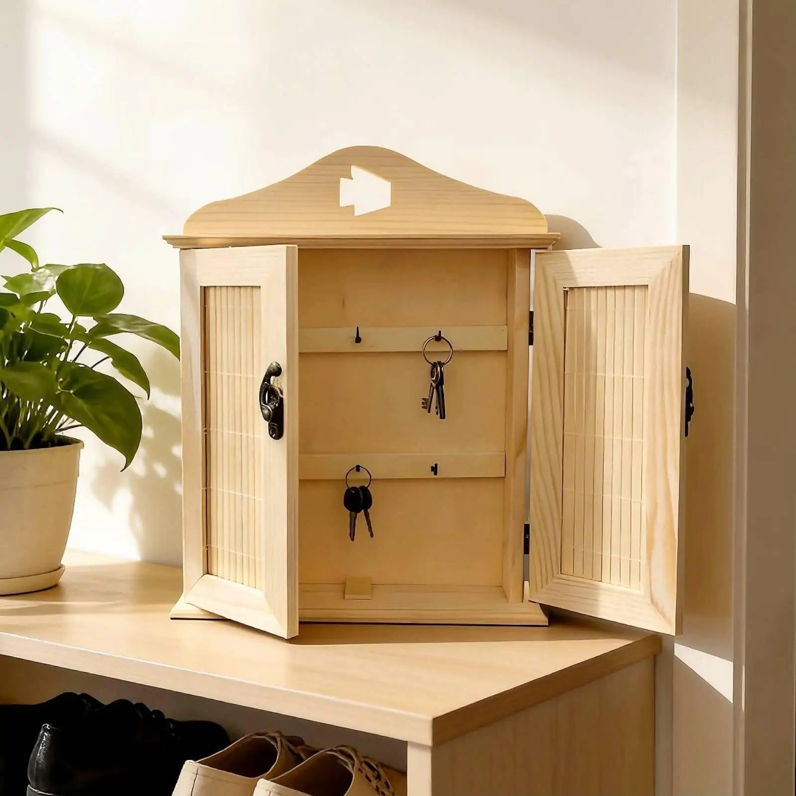Wooden Key Storage Wall Mount Organizer with Dark Hardware for Entryway Hallway and Small Home