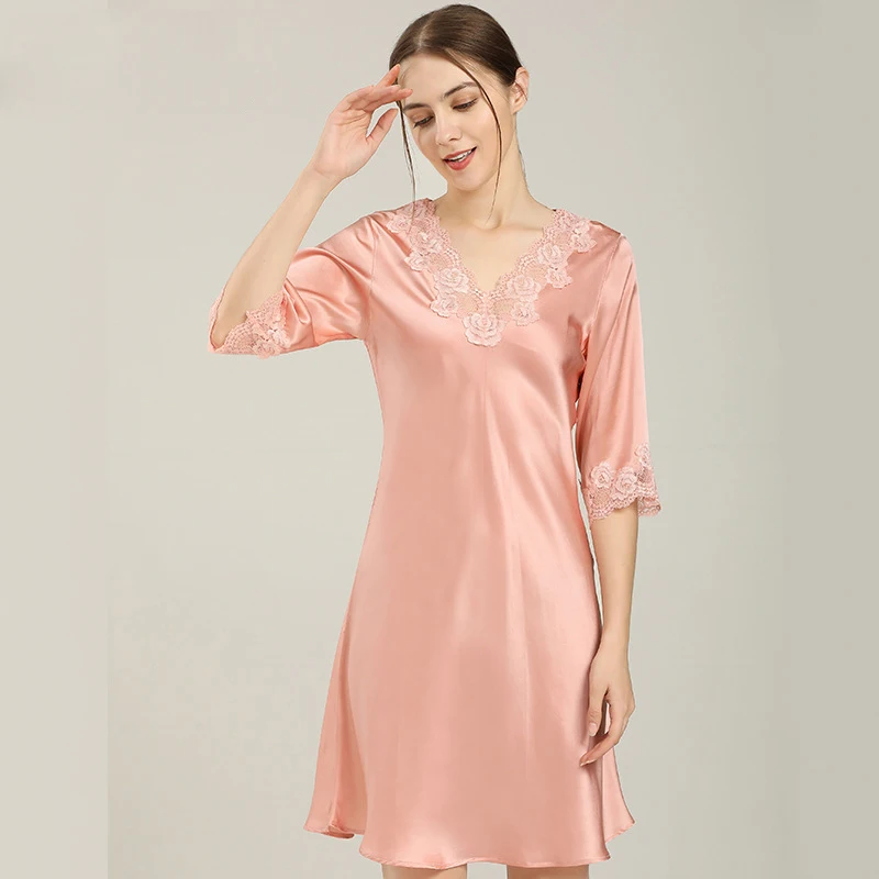 Women's 16MM 100% Mulberry Silk Nightgown, Sexy Lace Trim Half Sleeve V-Neck Pullover Slip Dress (S5694)