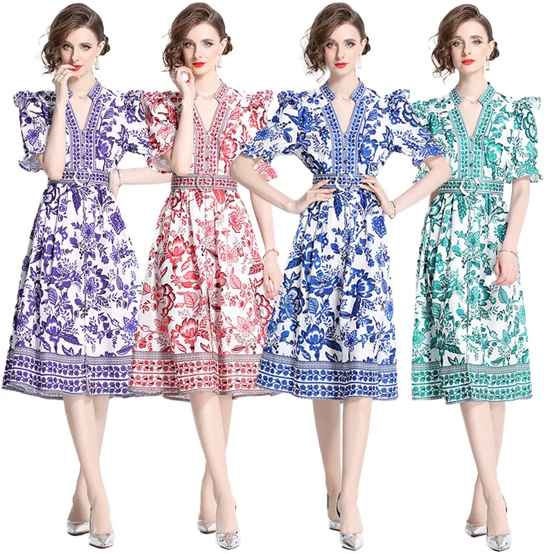 Fashion Summer Holiday Floral Midi Dress Shirt Women Blue Red White Porcelain Print Single Breasted Button Short Sleeve Dresses