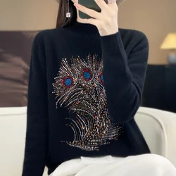 2024 Autumn/Winter New Half High Neck Pullover Woolen Sweater Women's Slim Fit Colorful Diamond Knitted Thickened Bottom Shirt