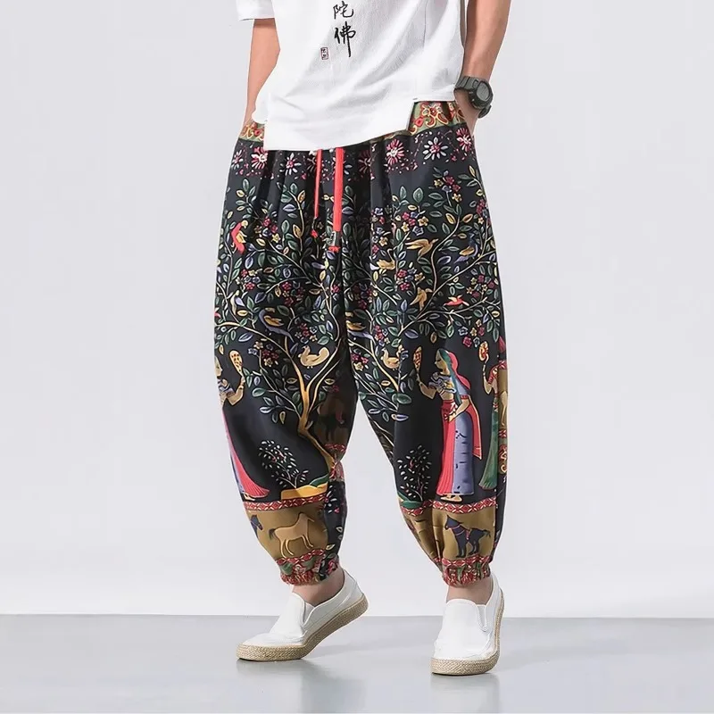 Men's Ethnic Print Harem Pants Baggy Elastic Waist Drawstring Boho Casual Trousers with Ankle Cuffs