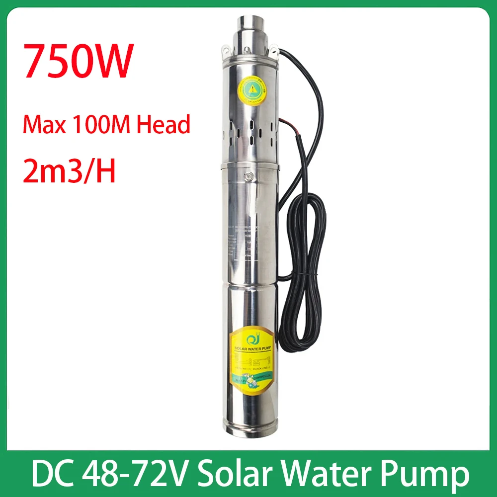 Bomba de agua sumergible Solar sin escobillas, 750W, 48V, 60V, 72V CC, con controlador incorporado, tornillo Solar, bomba de pozo profundo, cabezal de 2m3/h, 100M