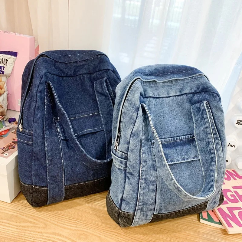 Mochilas jeans impermeáveis com patchwork para mulheres, bolsas com zíper, alta capacidade, moda de linha, bolsas versáteis, venda quente, 2024