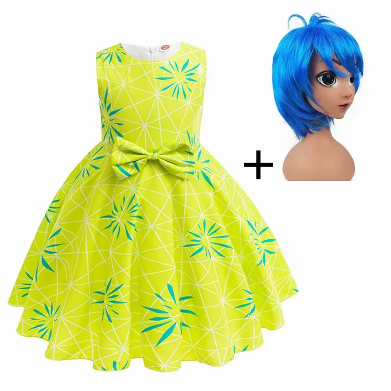 High Quality I-Inside O-Out 2 Joy Cosplay Costume Princess Bow Dress + Wigs Girls Halloween Carnival Birthday Movie Joy Dress Up