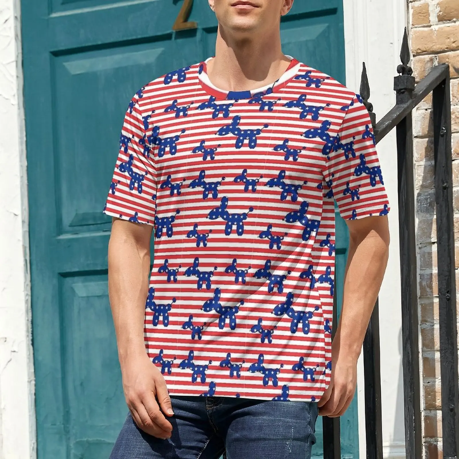 Premium T Shirt Balloon Dogs Stars on Stripes T-Shirts  Funny Cool Tee Shirt For Man Short Sleeve Custom Big Size Clothes