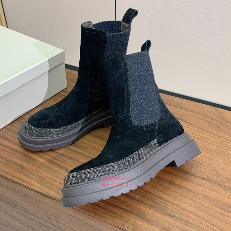 Sepatu Bot Wanita Musim Dingin Diskon Besar, Model Setengah Betis, Ujung Tebal, Kulit, Platform, Sepatu Bot Pendek, Desainer, Kasual, Model Chelsea