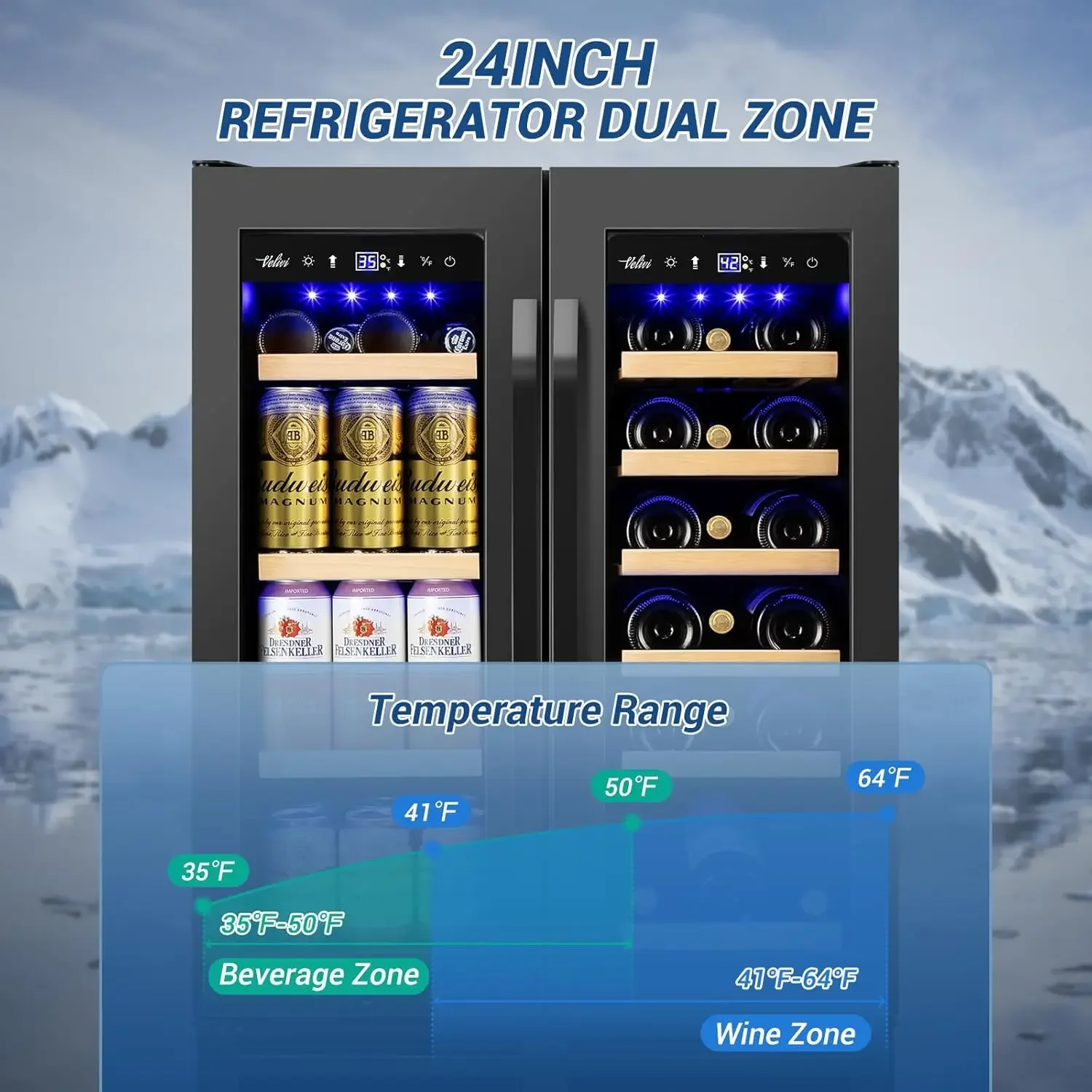 Beverage Refrigerator Black, 24 Inch Beverage Cooler Under Counter Dual Zone with Glass Door&Lock, 18 Bottles and 68 Ca