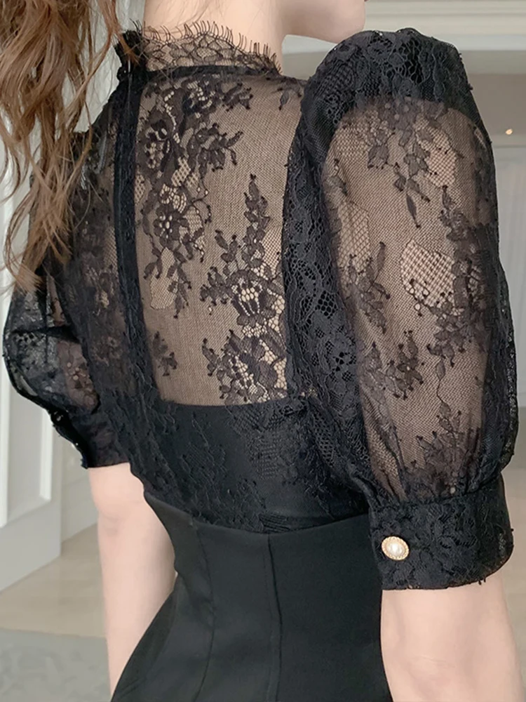 Elegancka Mini Sukienka Damska Sexy Retro Czarna Przezroczysta Koronkowa Haftowana Jednorzędowa Obcisła Krótka Sukienka na Imprezę Vestidos Mujer
