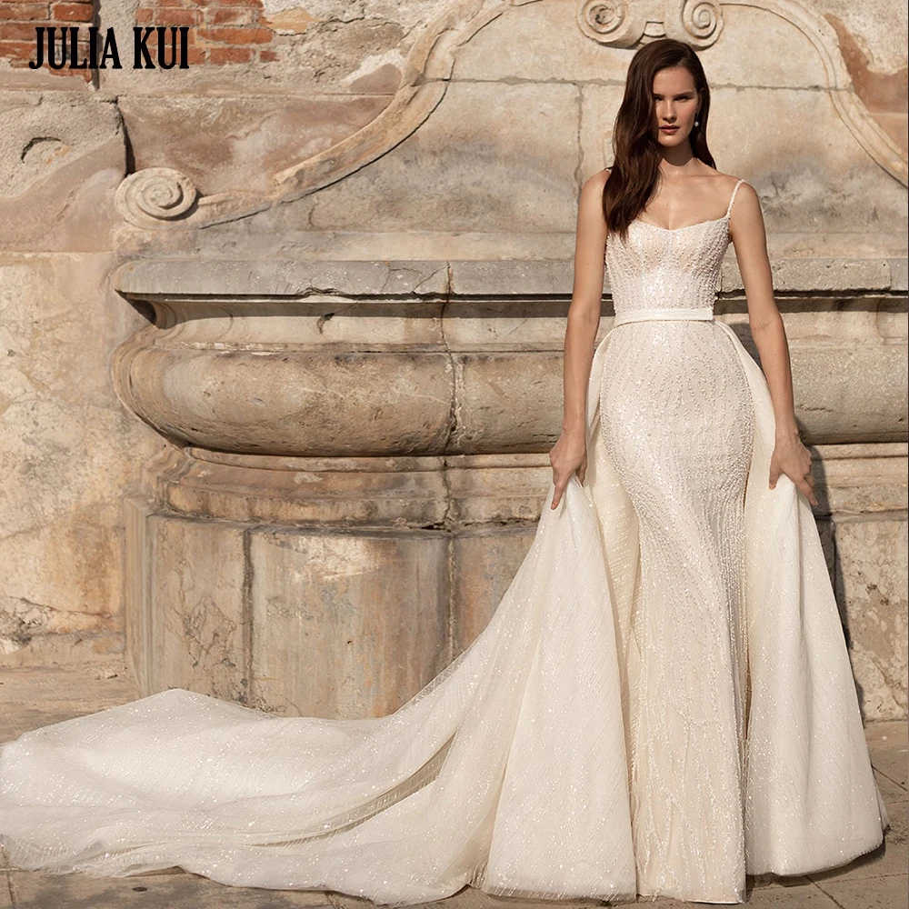 

Julia Kui Custom Made Luxury Embroidery Lace 2 In 1 Mermaid Wedding Dresses Spaghetti Straps Trumpet Bridal Gowns