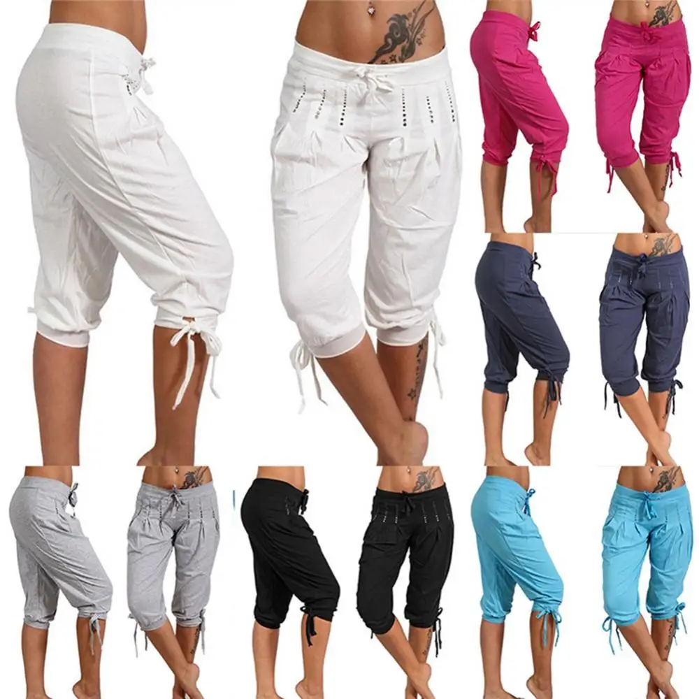 

Свободные спортивные брюки-шаровары однотонные на шнуровке, повседневные брюки-гаремы, укороченные, из полиэстера, с завышенной талией, женские, модные