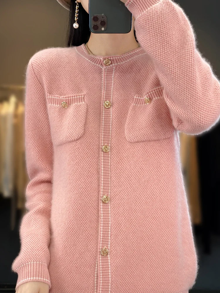 New Chic Spring Autumn Women O-neck Cardigan 100% Merino Wool Sweater Vintage Style Pockets Soft Solid Knitwear Korean Clothes