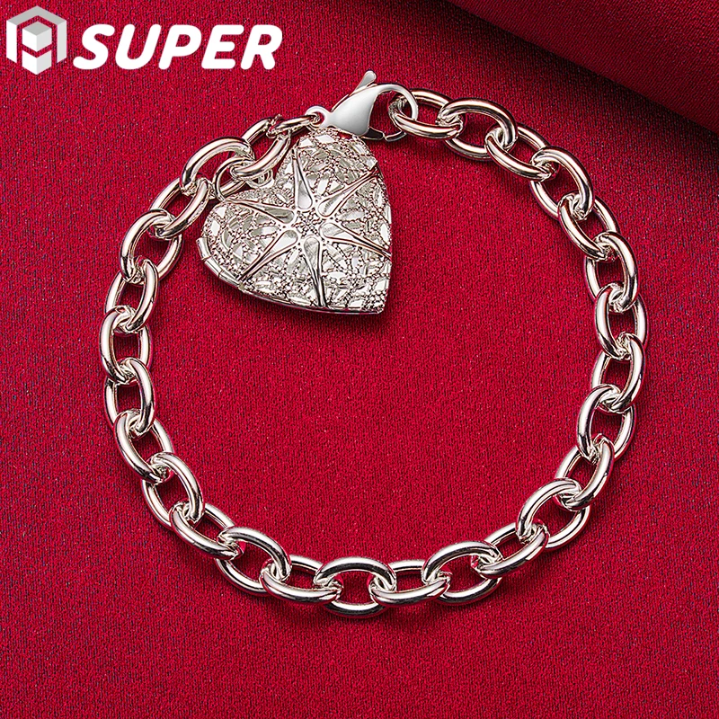 

925 Sterling Silver Heart Photo Frame Pendant Bracelet For Women Man Charm Wedding Engagement Party Fashion Jewelry