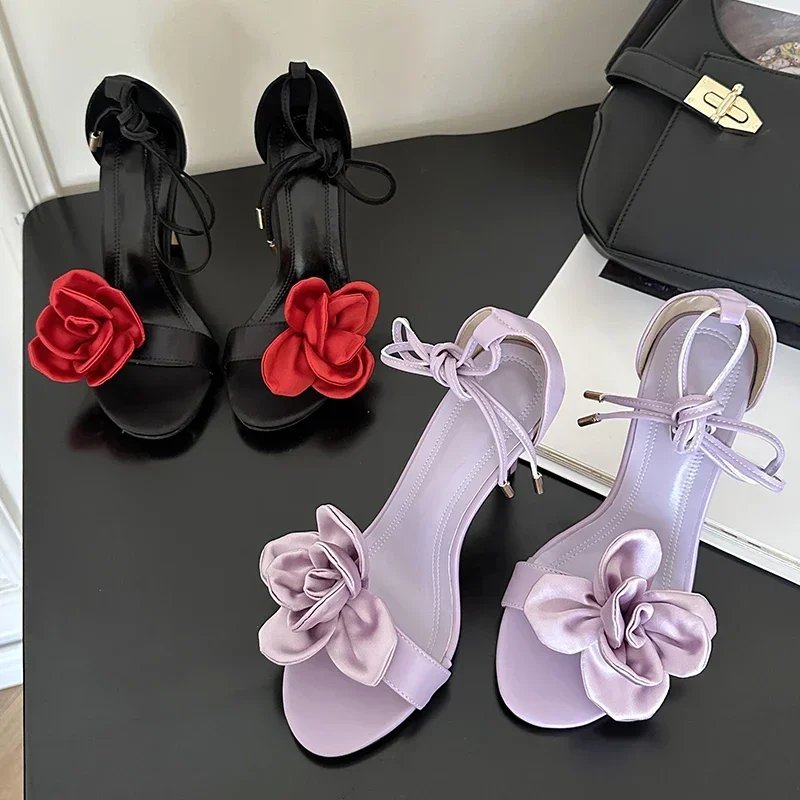 

Female Footwear Cross-tied Designer Shoes Silk Rose Thin High Heels Sandals Open-toe Fashions Purple Dressy Sandals Women Pumps