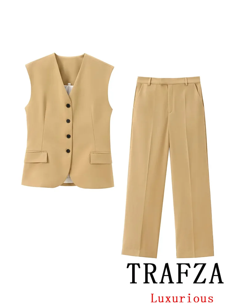 TRAFZA Vintage Chic Office Lady Solid Women Suit V-Neck Single Breasted Sleeveless Vest Straight Loose Pants Fashion 2024 Set