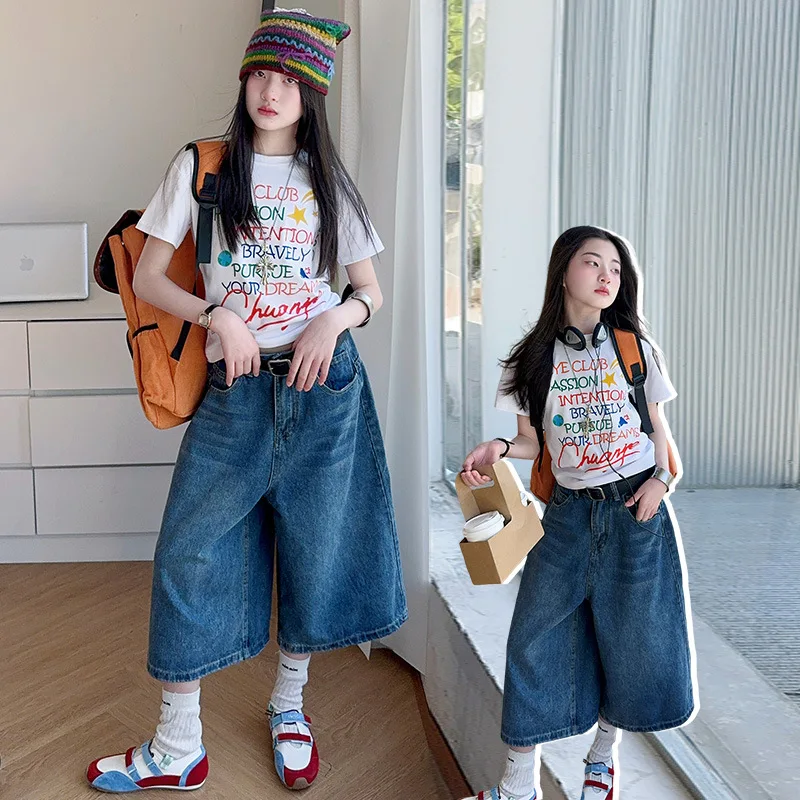 summer teen girls denim shorts cotton Letter T-shirt junior kids knee length pants child clothes outfits 4-6-7-14 girl clothing