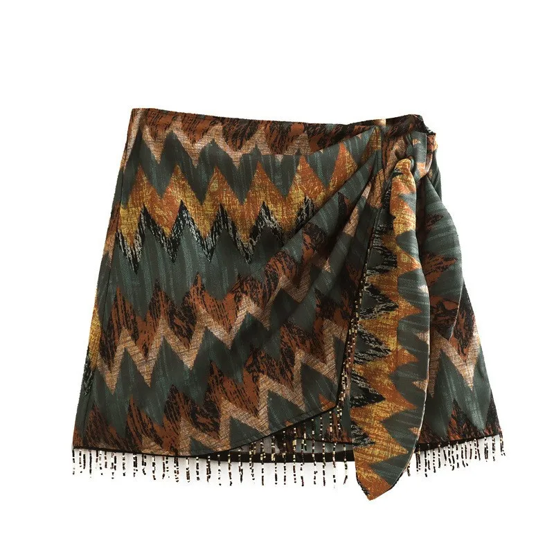 Printed Beaded Hem Skirt with Side Knot Detail a Line Western Style Women Skirt Lightweight Summer Wave Pattern No Stretch